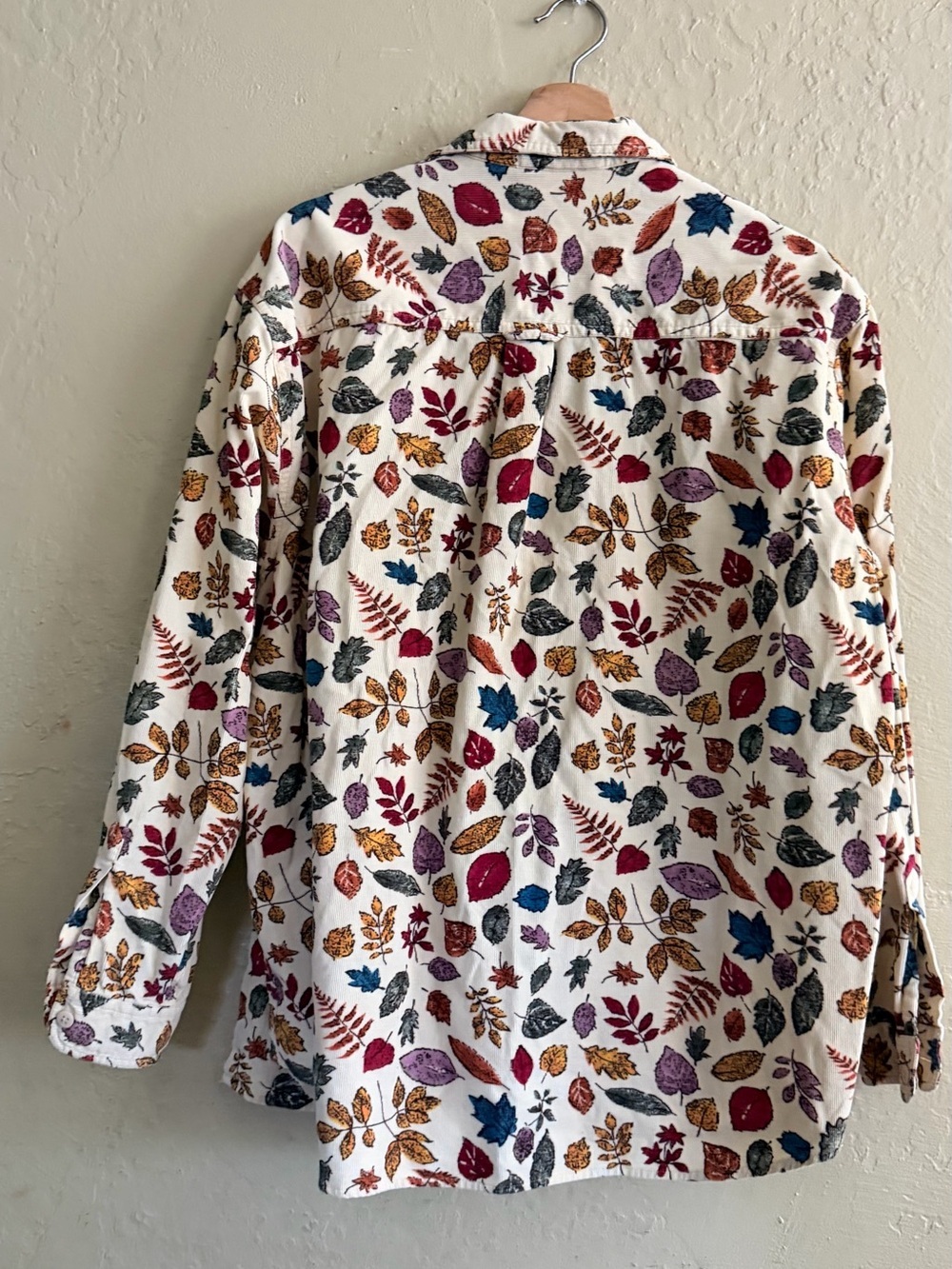 Corduroy Button-Down Shirt in Ivory with Multicolor Leaf Print - Picture 2 of 5